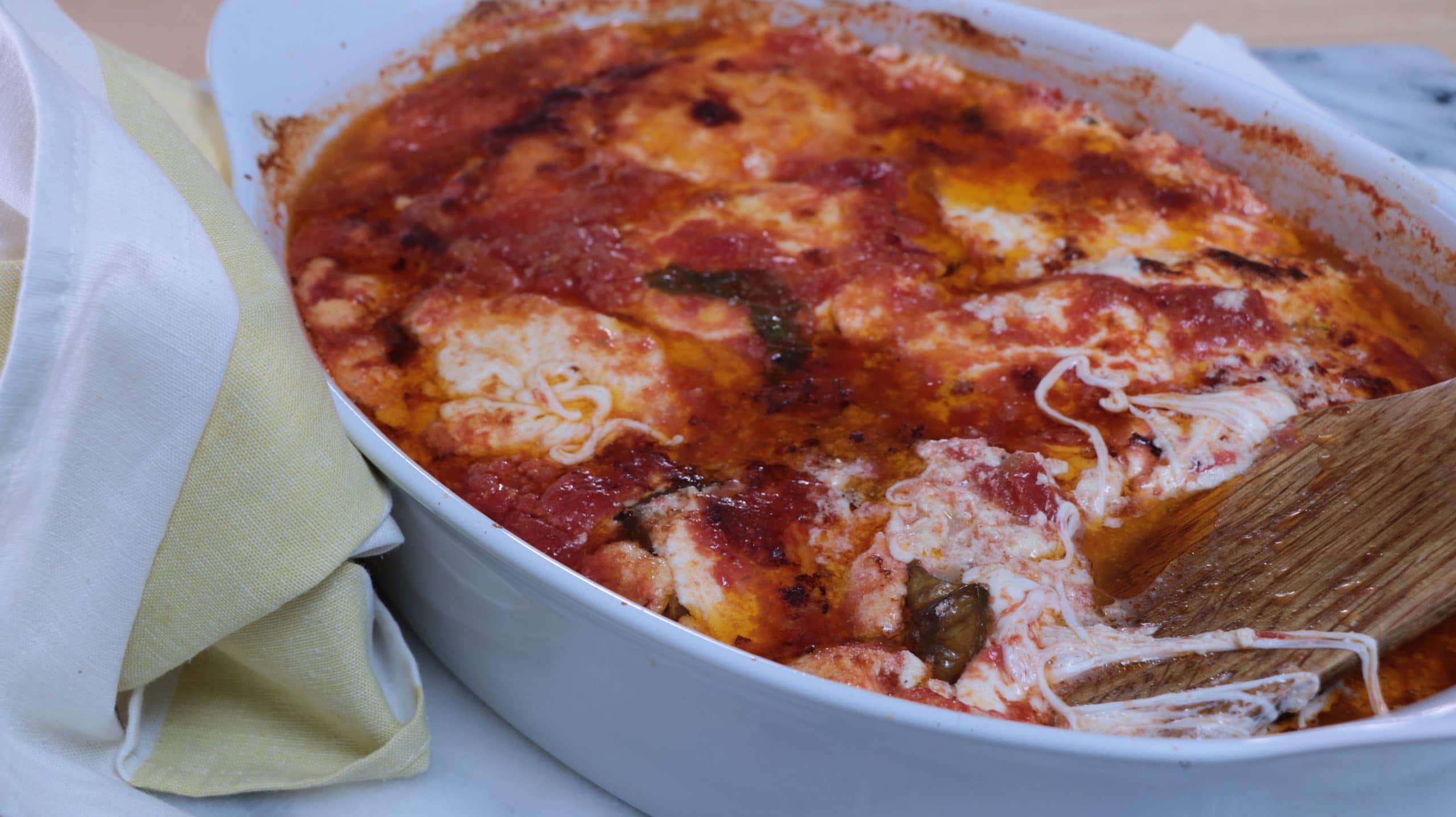 Low-carb meatless eggplant lasagna in a large white casserole