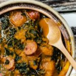 Spicy Chorizo Kabocha Squash and Kale Stew top right of soup crock