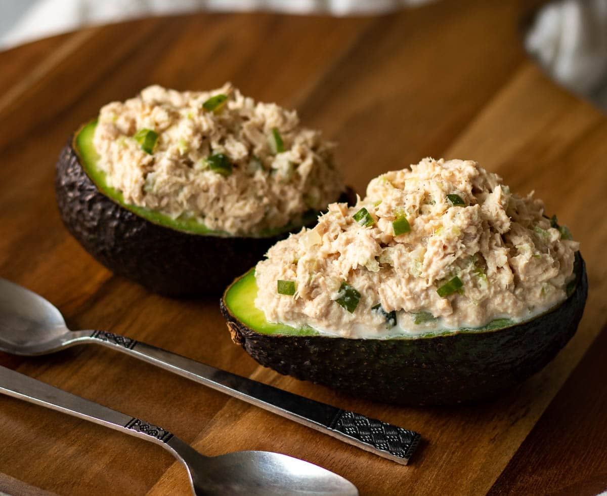 Tuna salad stuffed avocado bowls