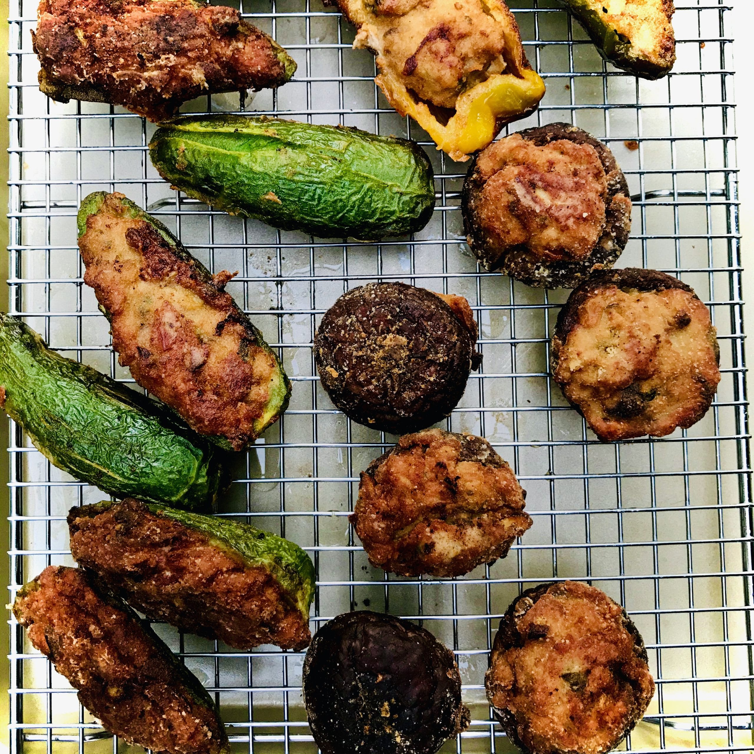 jalapeño peppers and shiitake mushrooms are stuffed with savory turkey potsticker filling, then deep fried until brown and crispy