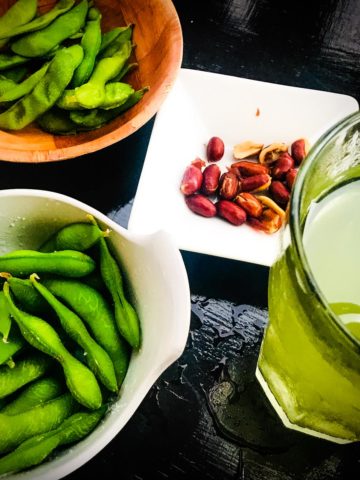 Try edamame with salted, roasted peanuts and iced matcha green tea for a healthy snack