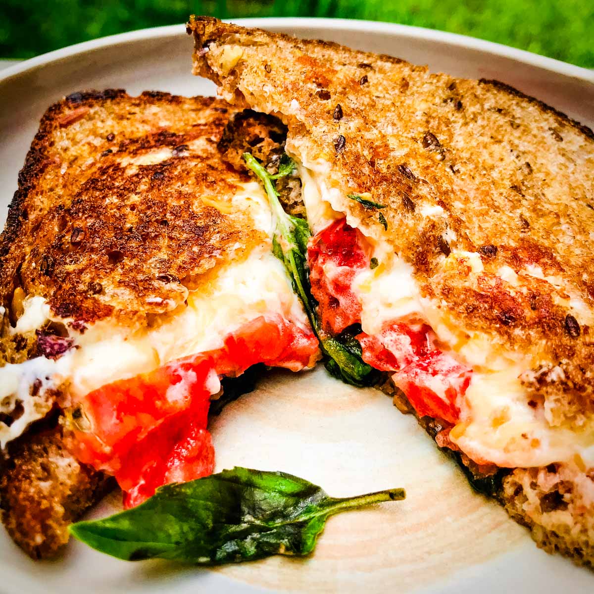 grilled cheese Hot, gooey cheddar and cream cheese are melted between crisp, buttery multigrain bread with fresh tomato and basil.