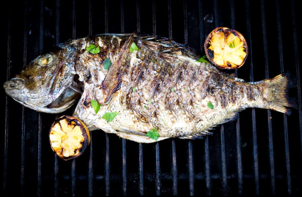 Grilling is one of the best ways to prepare freshly caught whole fish. This tasty fish is seasoned with garlic oil, grilled until perfectly flaky, and finished with herbs and charred lemon juice.