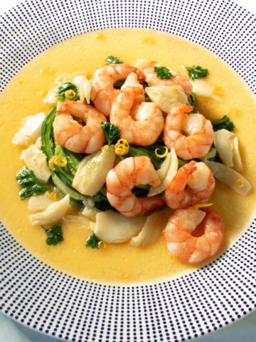 shrimp in garlicky butter sauce with a splash of white wine and lemon