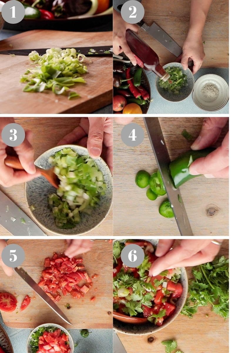6 steps to make Salsa Fresca - chop, chop, chop, ingredients, season and mix.