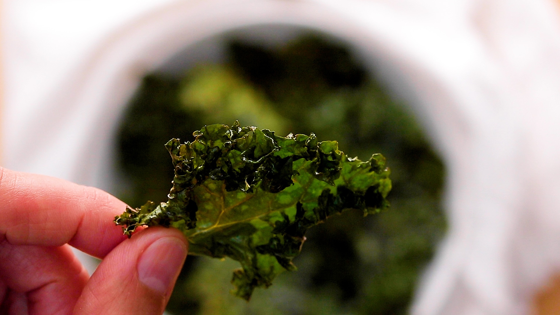 A crispy kale chip pinched between a a thumb and forefinger being brought in front of the camera right before being eaten