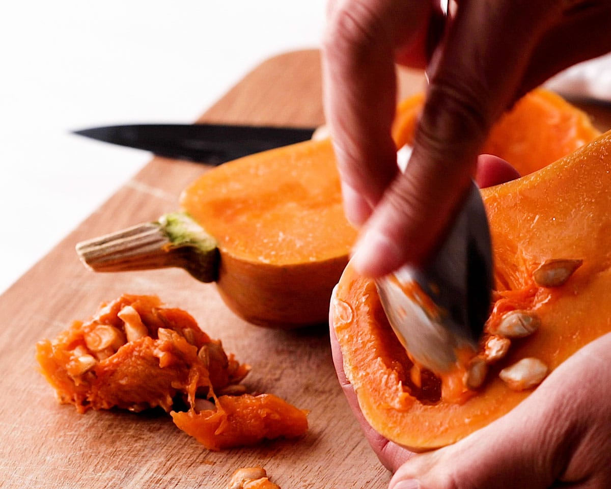 roasted honeynut squash Step 2: Scoop out the seeds and set aside for toasting.