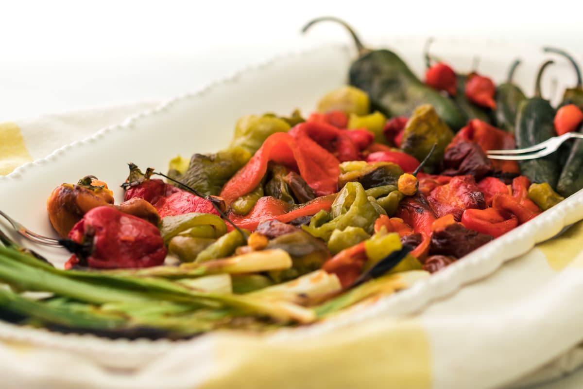 Delicious roasted mixed peppers antipasto on a platter
