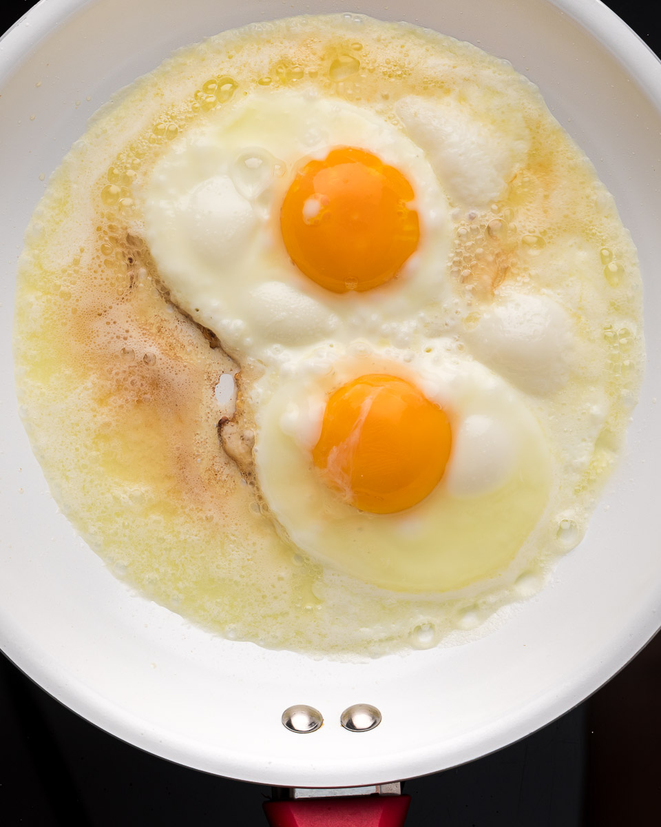 Eggs over hard in pan yolk up