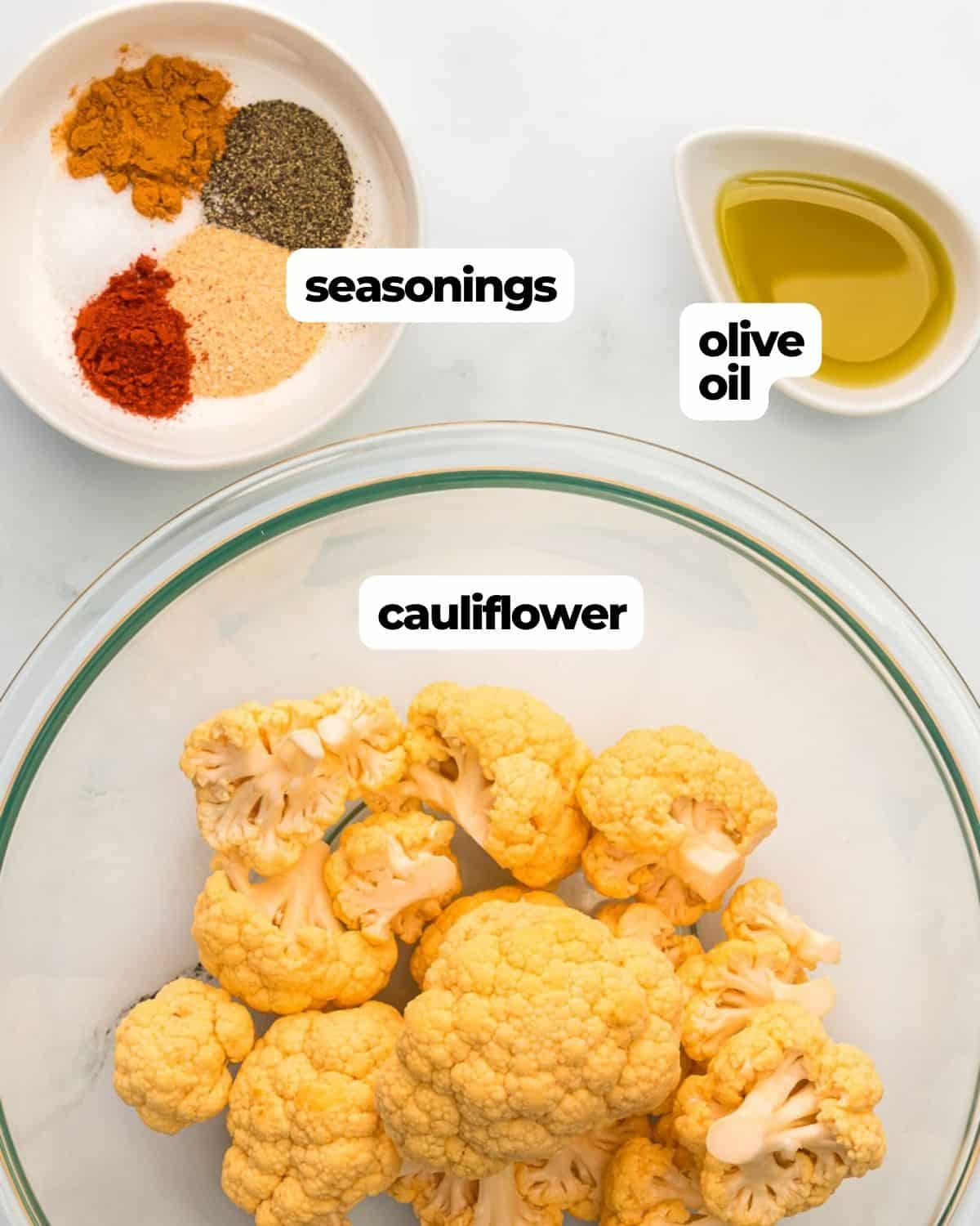 Air fryer cauliflower ingredients cauliflower, spices and olive oil