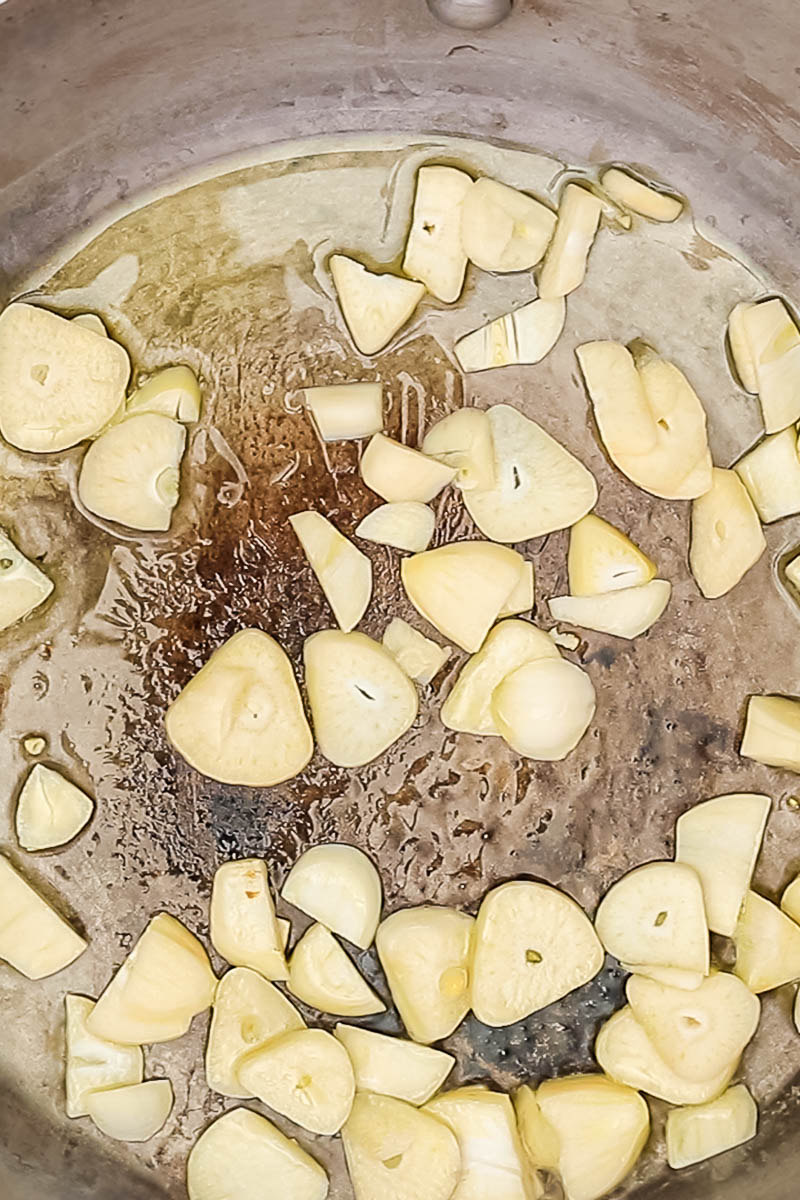 Pea shoots step 1 fry garlic