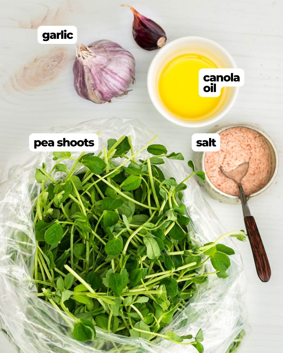 Pea shoots with garlic labeled ingredients