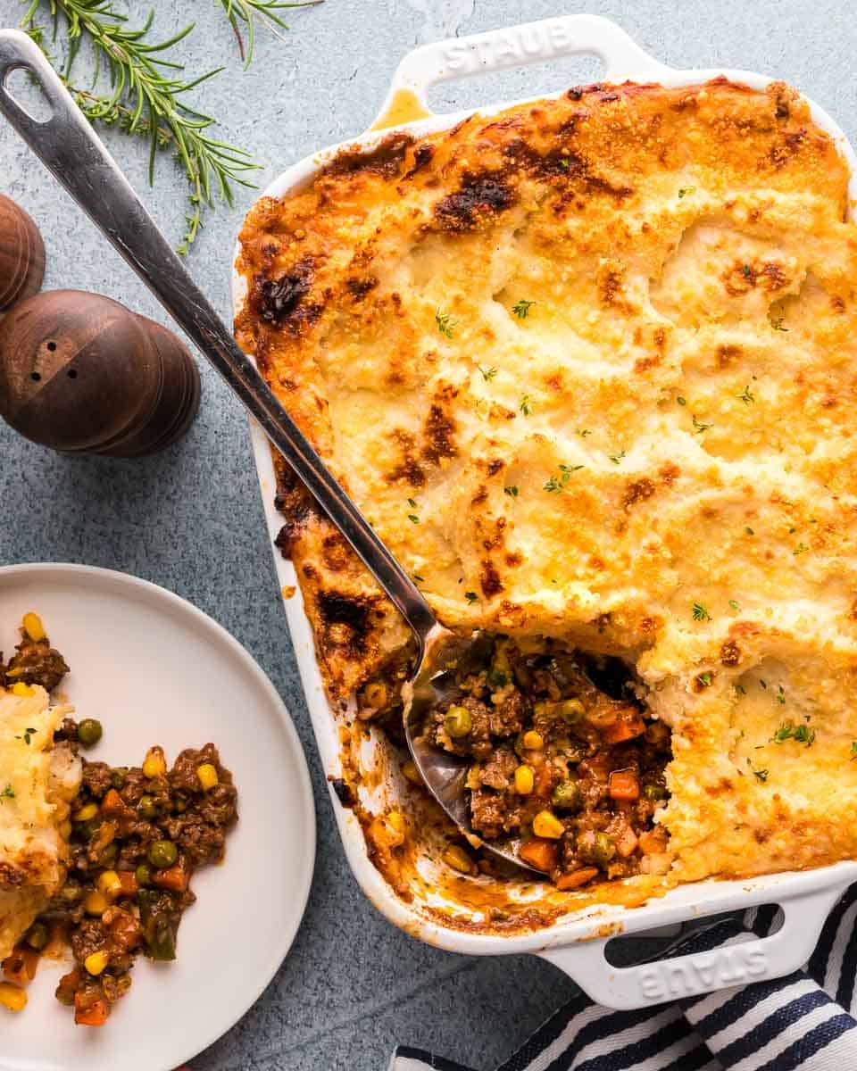 Shepherds Pie overhead in pan served with spoon