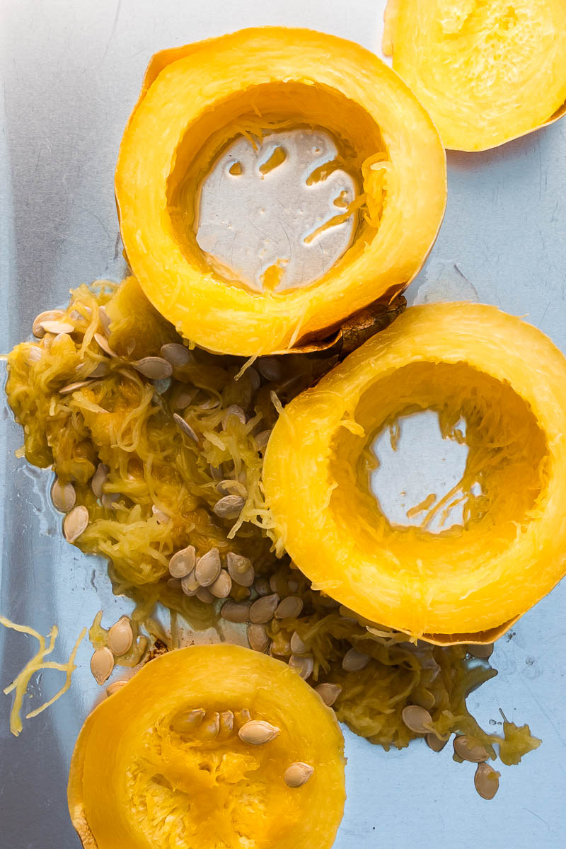 Baking spaghetti squash step 4 use a spoon to remove seeds after baking