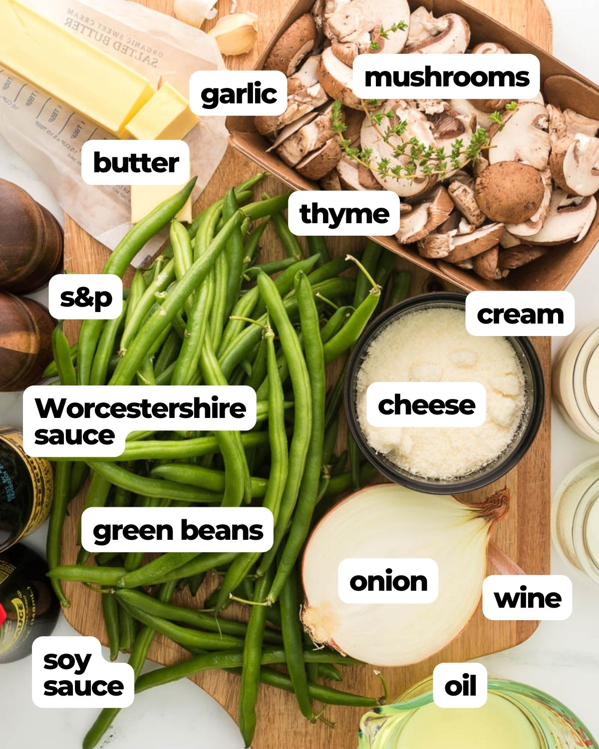 Keto green bean casserole labeled ingredients