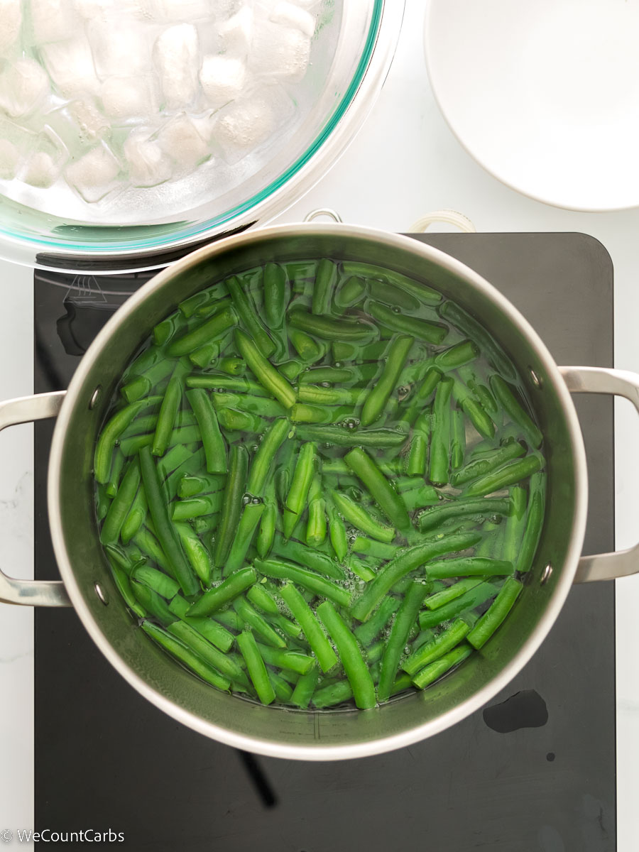 Keto green bean casserole step 3 blanch and ice bath green beans