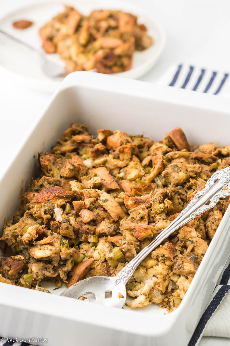 Keto stuffing in pan scoop taken and served 45 angle