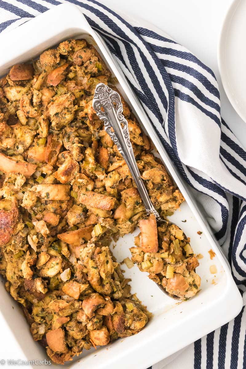 Keto stuffing in pan scoop taken overhead view angled