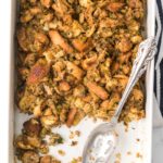 Keto stuffing in pan scoop taken out with spoon